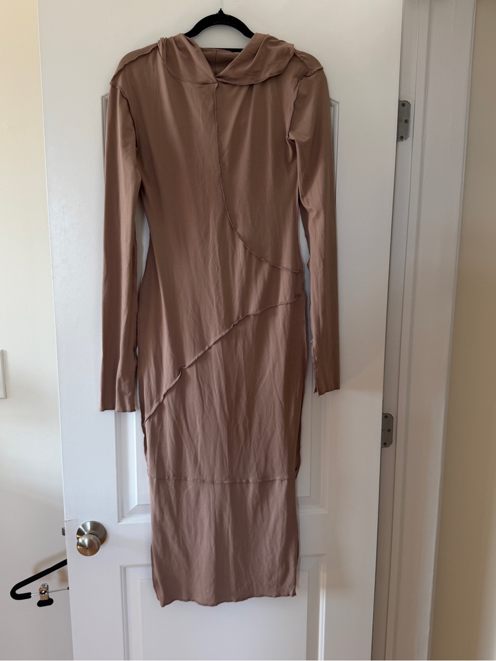 Neutral Taupe Long Sleeve Midi Dress with Hood